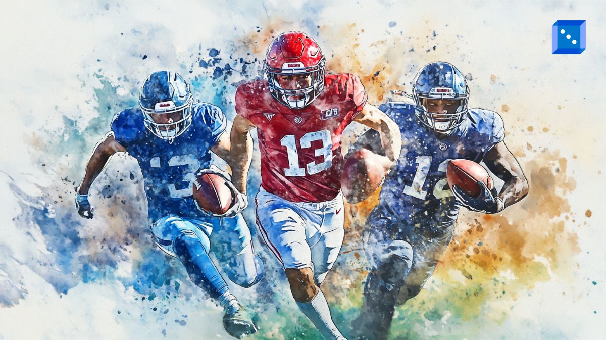 A dynamic watercolor-style digital painting of three American football players in action. The central player, dressed in red, sprints forward with determination, flanked by two opponents in blue jerseys, creating a visually striking competition scene.