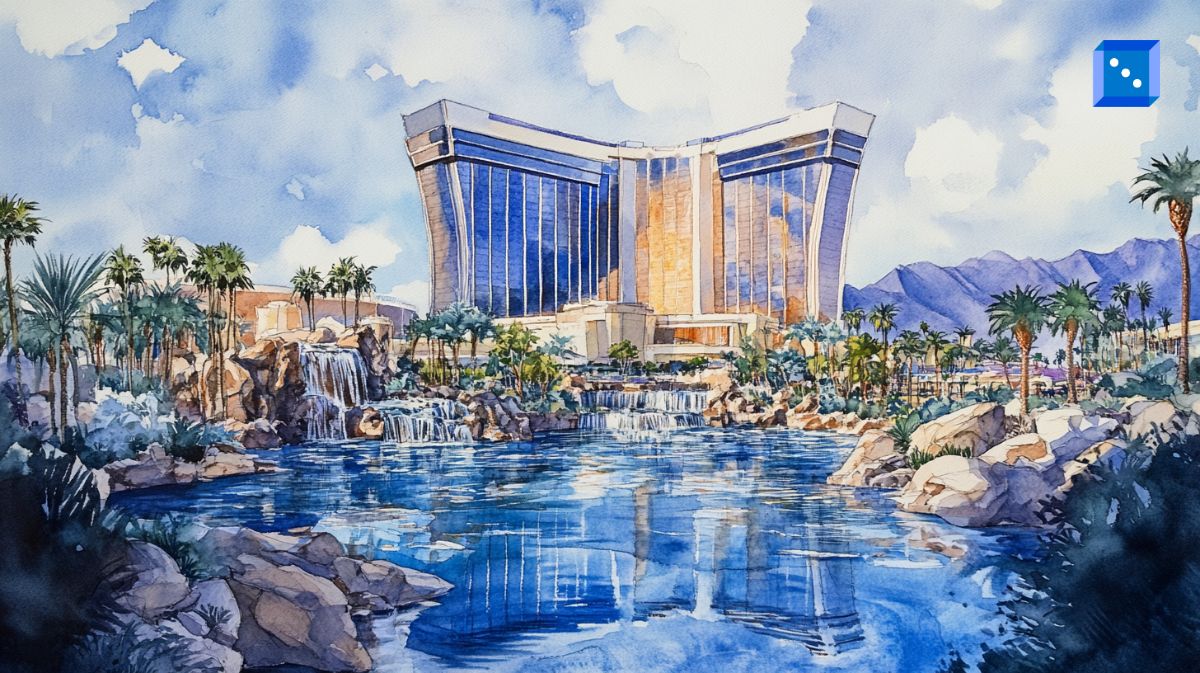 Watercolor-style illustration of The Mirage hotel and casino surrounded by palm trees, waterfalls, and a reflective lagoon.