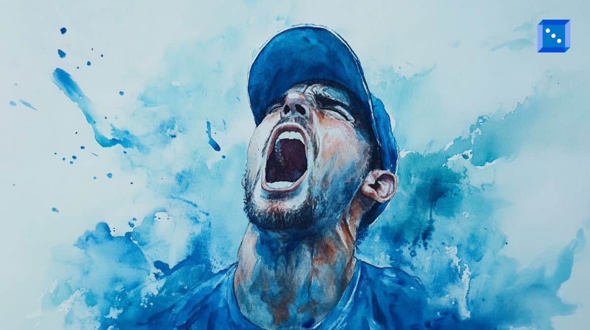 Watercolor-style illustration of a man in a blue cap and shirt screaming with passion, surrounded by dynamic blue splashes.