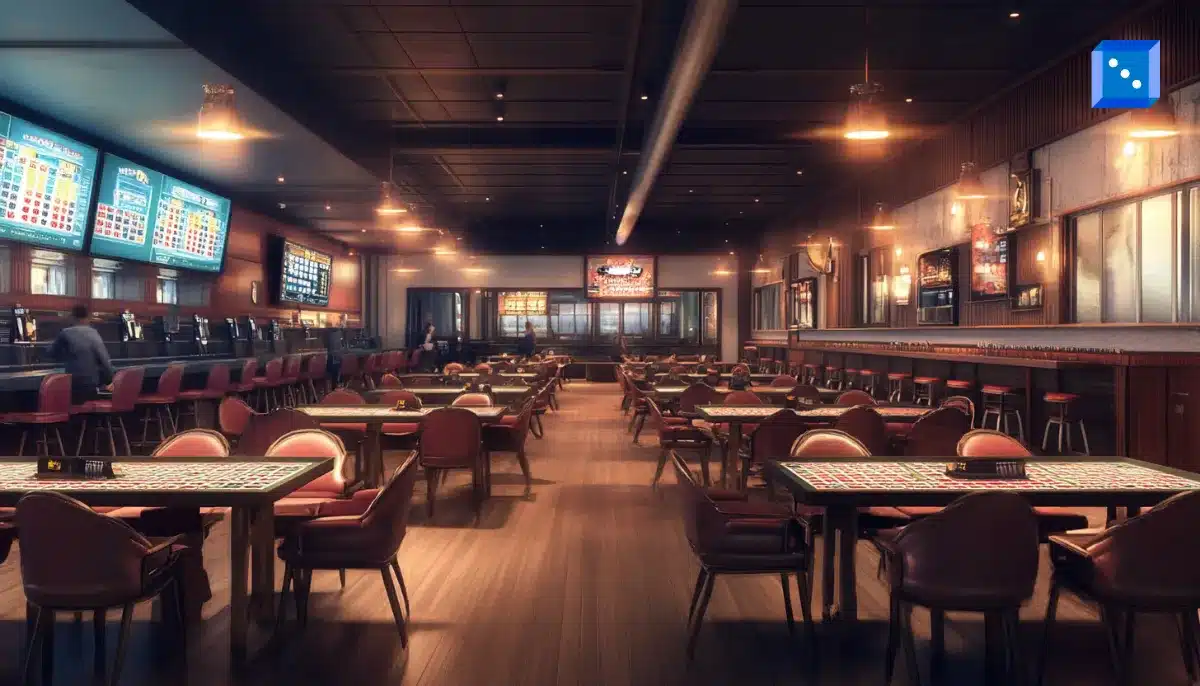 A realistic interior of a cozy, well-lit bingo game room.