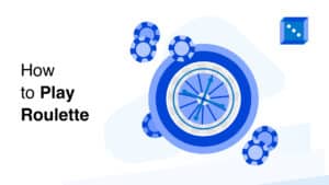 Vector illustration showing a blue roulette wheel surrounded by chips, with text "How to Play Roulette" on the left.