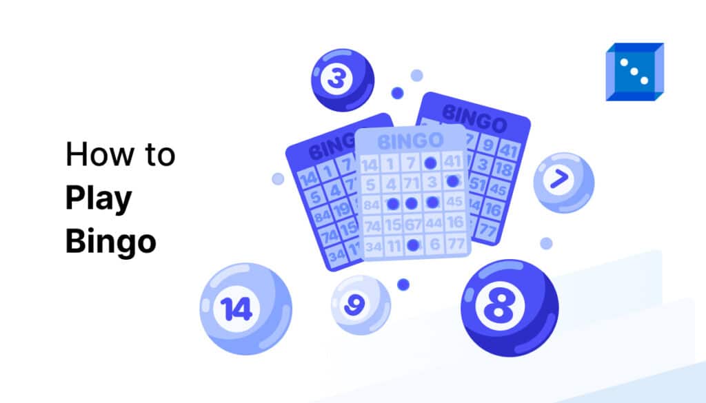 Illustration showing bingo cards and numbered balls with text "How to Play Bingo" on the left.