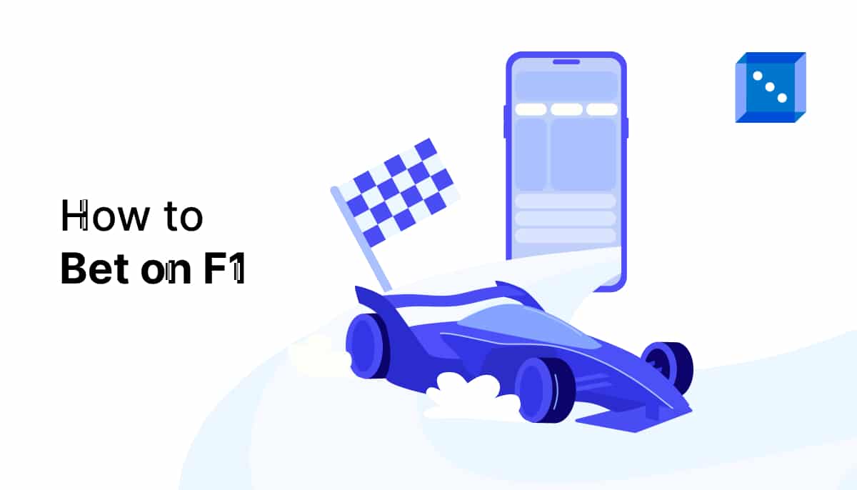 A stylized blue race car with a checkered flag and a smartphone, illustrating the concept of betting on Formula 1 racing.