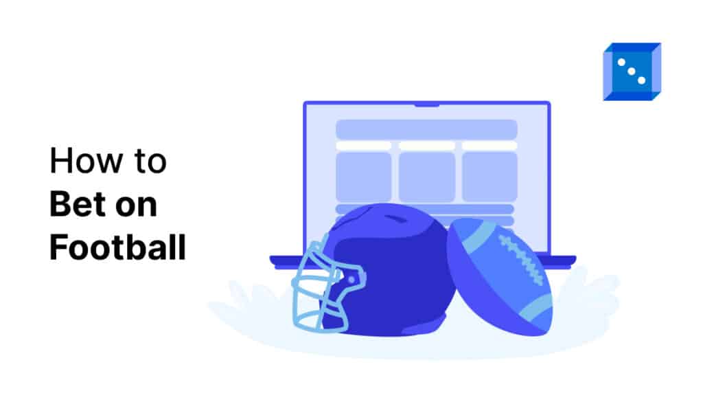 Illustration depicting a laptop with the text "How to Bet on Football," alongside a football and a helmet, all in blue tones.