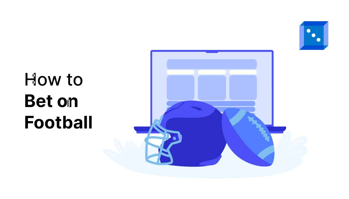 Illustration depicting a laptop with the text "How to Bet on Football," alongside a football and a helmet, all in blue tones.