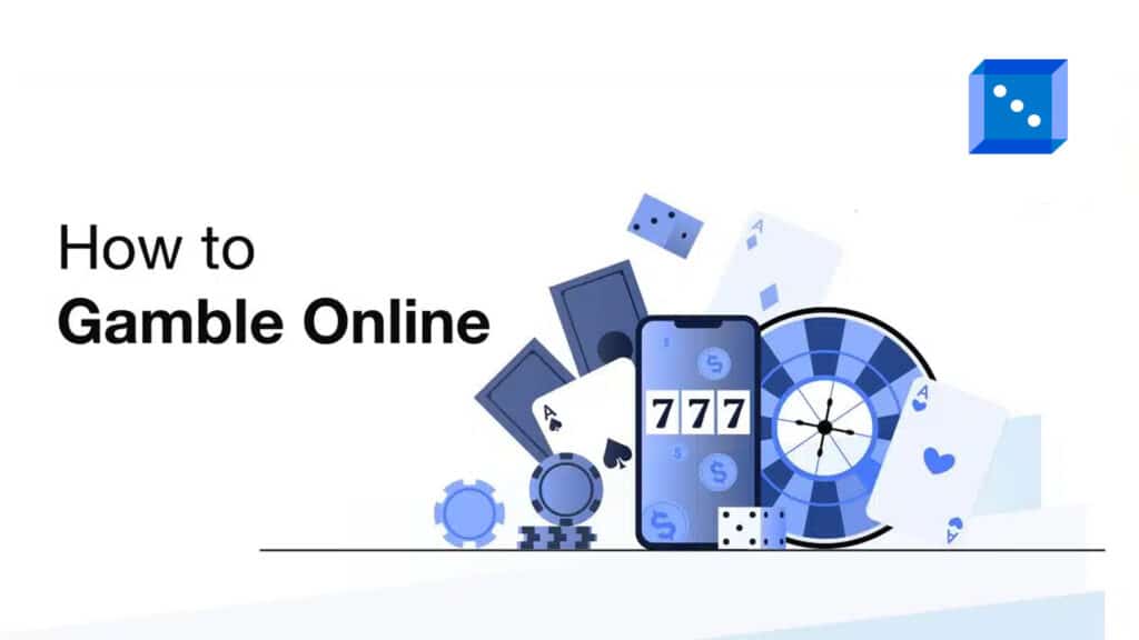 A smartphone displaying "777," surrounded by playing cards, chips, and dice, with the title "How to Gamble Online" above.
