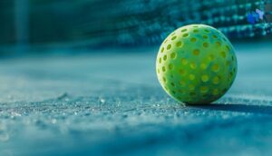 A close-up of a bright yellow perforated pickleball resting on a slightly wet blue court surface, with a blurred net in the background.