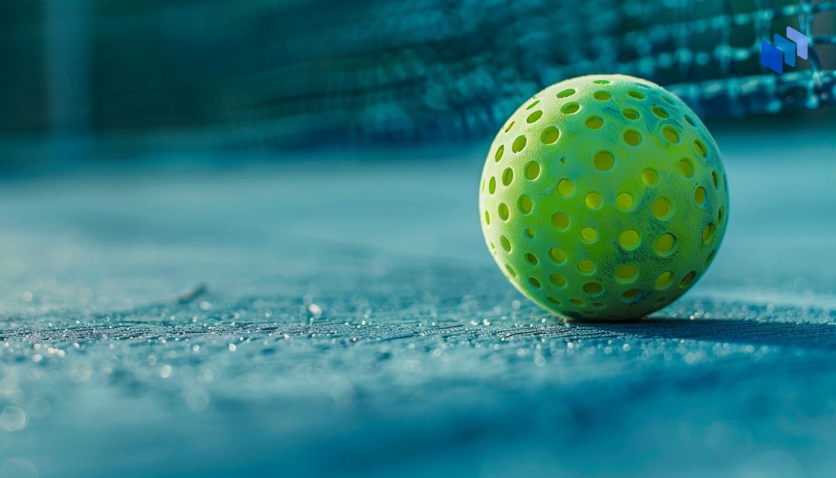 A close-up of a bright yellow perforated pickleball resting on a slightly wet blue court surface, with a blurred net in the background.