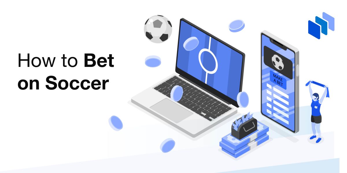 A digital illustration of a laptop displaying a soccer field, a smartphone with a betting interface, floating coins, and a cheering fan, symbolizing online soccer betting.