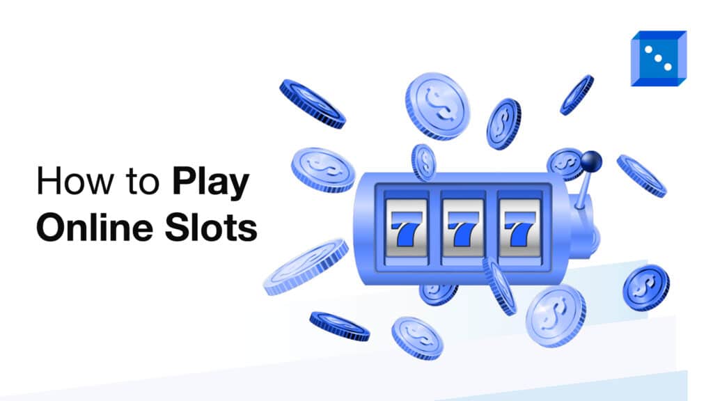 Graphic illustrating online slots, featuring a blue slot machine with "777" and scattered coins, alongside the text "How to Play Online Slots."