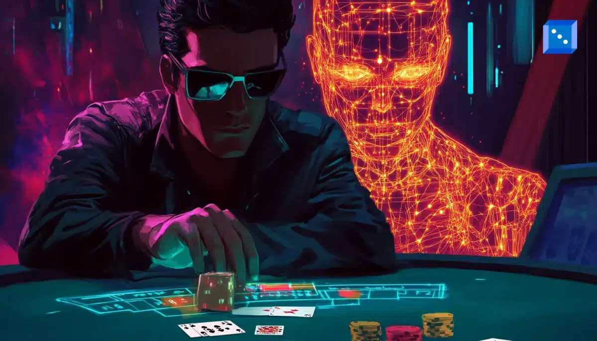 A person plays poker at a futuristic casino table, while an AI entity, represented by a glowing digital figure with neural network-like patterns, stands behind them, subtly assisting and analyzing the game
