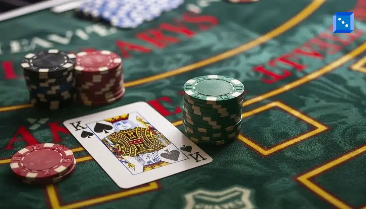 A King of Spades card lies on a green casino table surrounded by colorful poker chips.