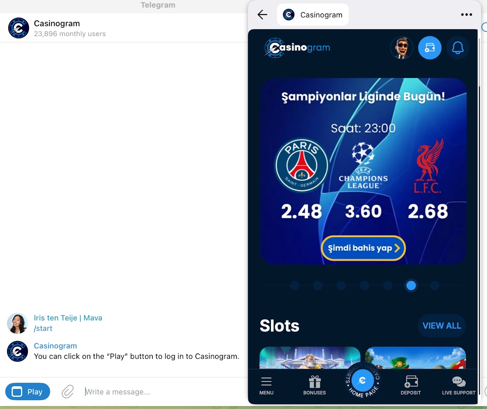 Screenshot of the Casinogram Telegram interface, featuring betting odds for a Champions League match and a "Play" button.