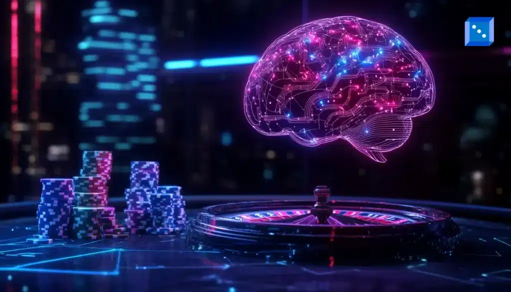 A glowing, digital brain icon hovers above a roulette wheel, surrounded by vibrant poker chips in a futuristic casino setting.