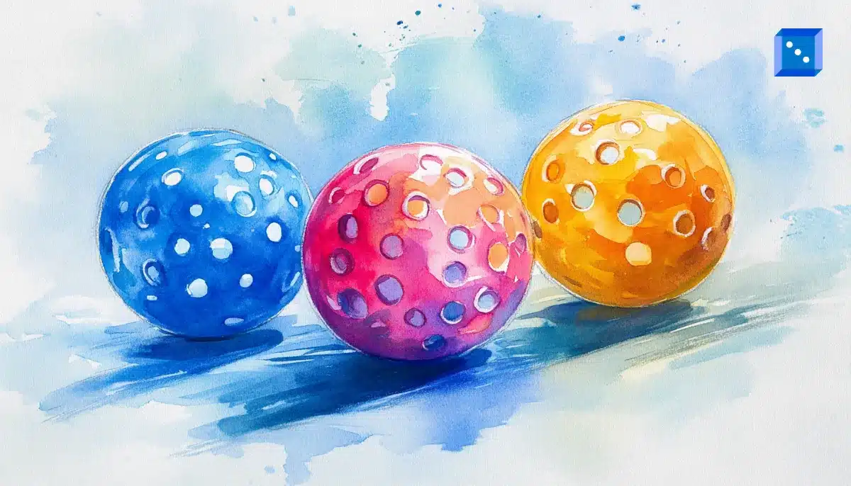 Three colorful pickleball balls displayed against a soft watercolor background.
