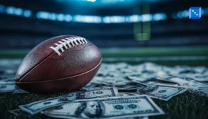 A football resting on a pile of cash on a grassy field, with a blurred stadium background.