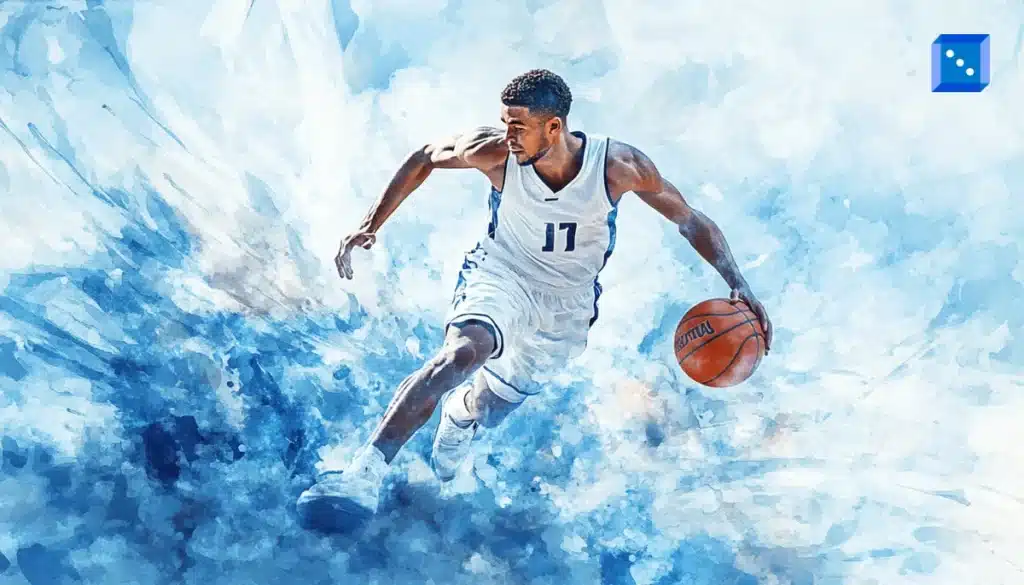 A dynamic basketball player in a white jersey dribbles a ball while moving through a splashed watercolor background of blues and whites