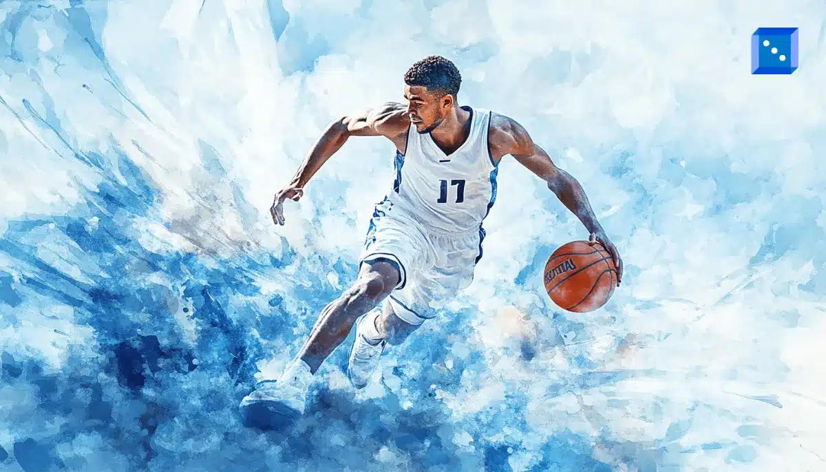 A dynamic basketball player in a white jersey dribbles a ball while moving through a splashed watercolor background of blues and whites