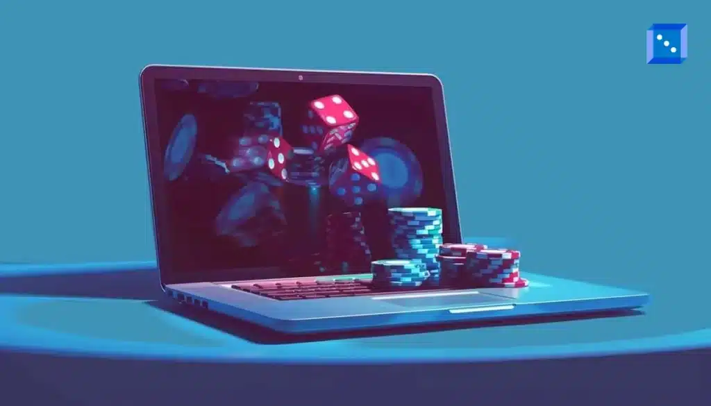 A laptop displaying rolling dice and stacked poker chips