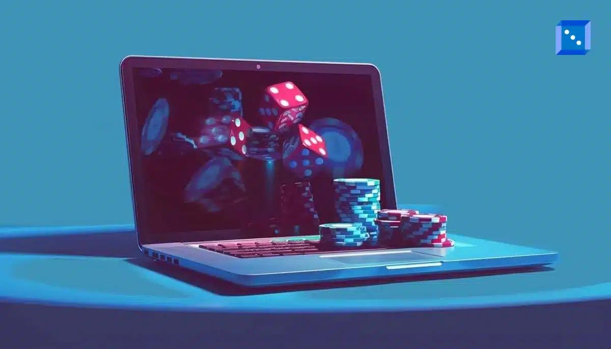 A laptop displaying rolling dice and stacked poker chips