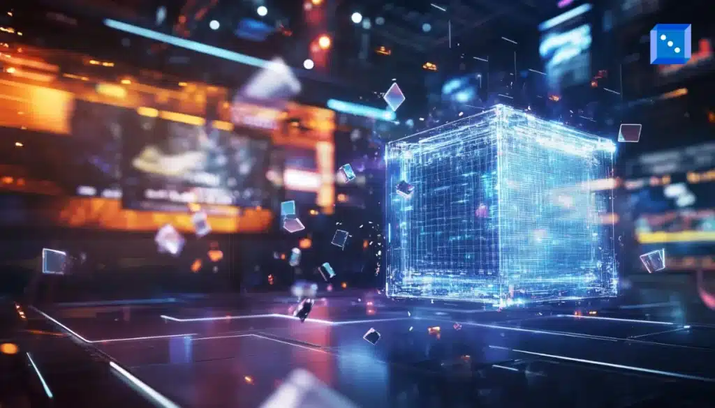 A futuristic quantum computer surrounded by floating qubits, with images from a CS:GO tournament in the background