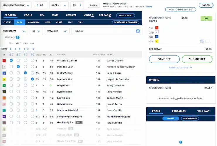 Screenshot of an online horse racing betting interface, showing race details, horse names, jockeys, and bet placement options for Monmouth Park.