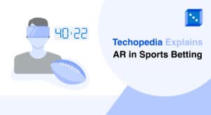 Graphic illustrating a person wearing AR glasses, featuring a timer and a football, with the title "Techopedia Explains AR in Sports Betting."