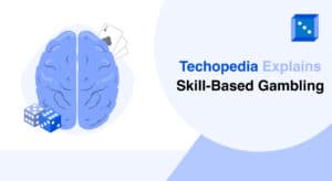 Illustration of a blue brain with playing cards and dice, representing Techopedia’s explanation of skill-based gambling.