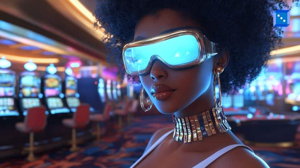 A girl in VR glasses, experiencing an immersive experience of a virtual reality casino.