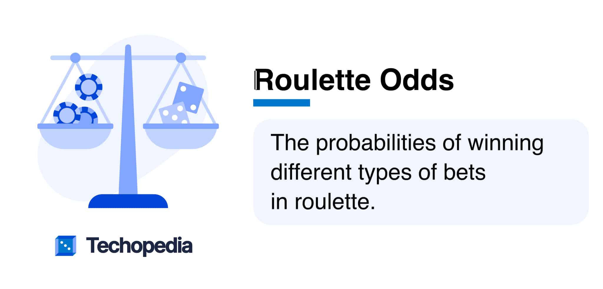 An illustration of a scale balancing roulette chips and dice, with text about the probabilities of winning different roulette bets.
