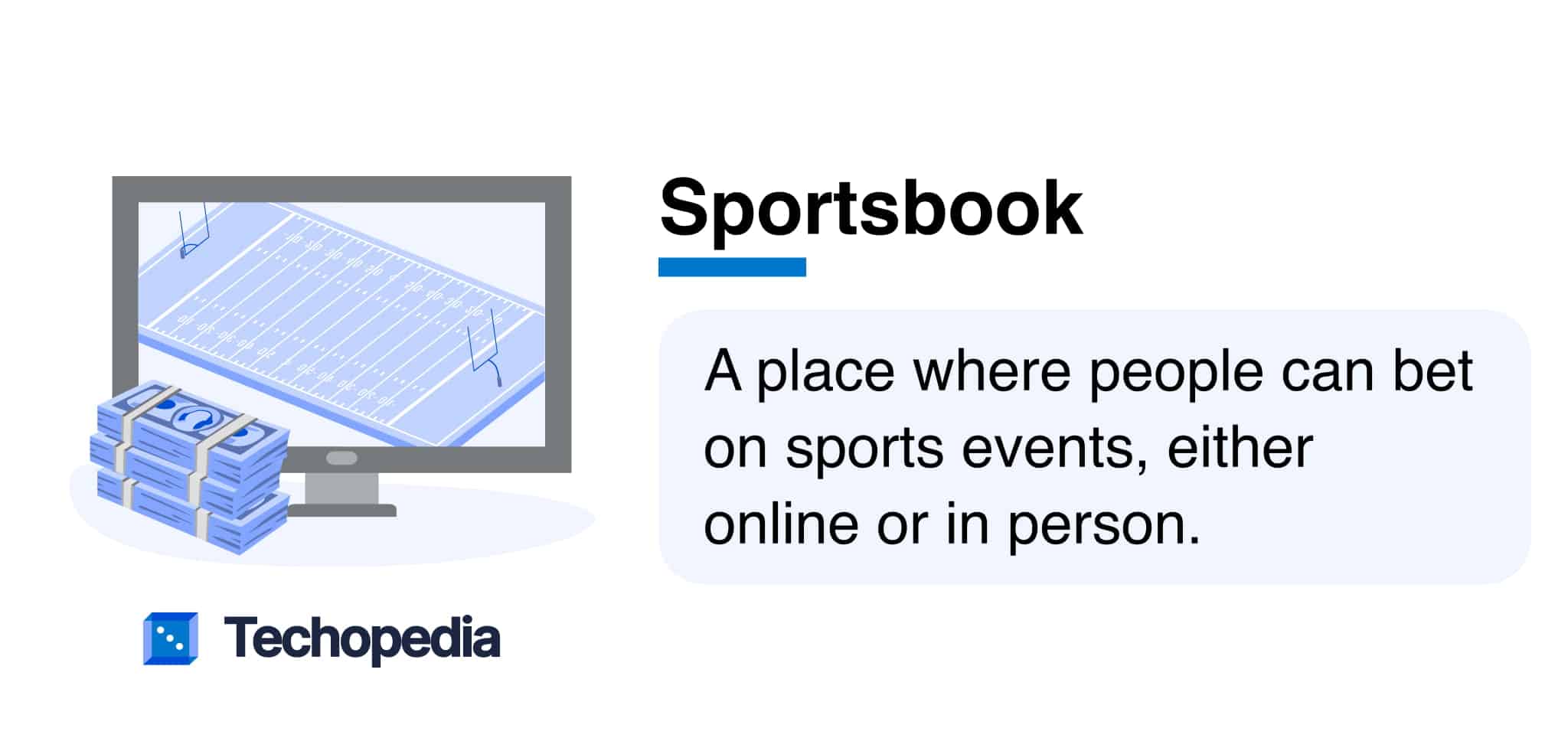 Illustration of a computer displaying a sports field with stacks of cash, representing a sportsbook for placing sports bets.