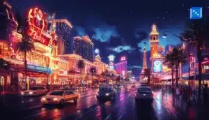 Vibrant Las Vegas Strip at night, featuring illuminated casinos, palm trees, and busy streets reflecting colorful lights.
