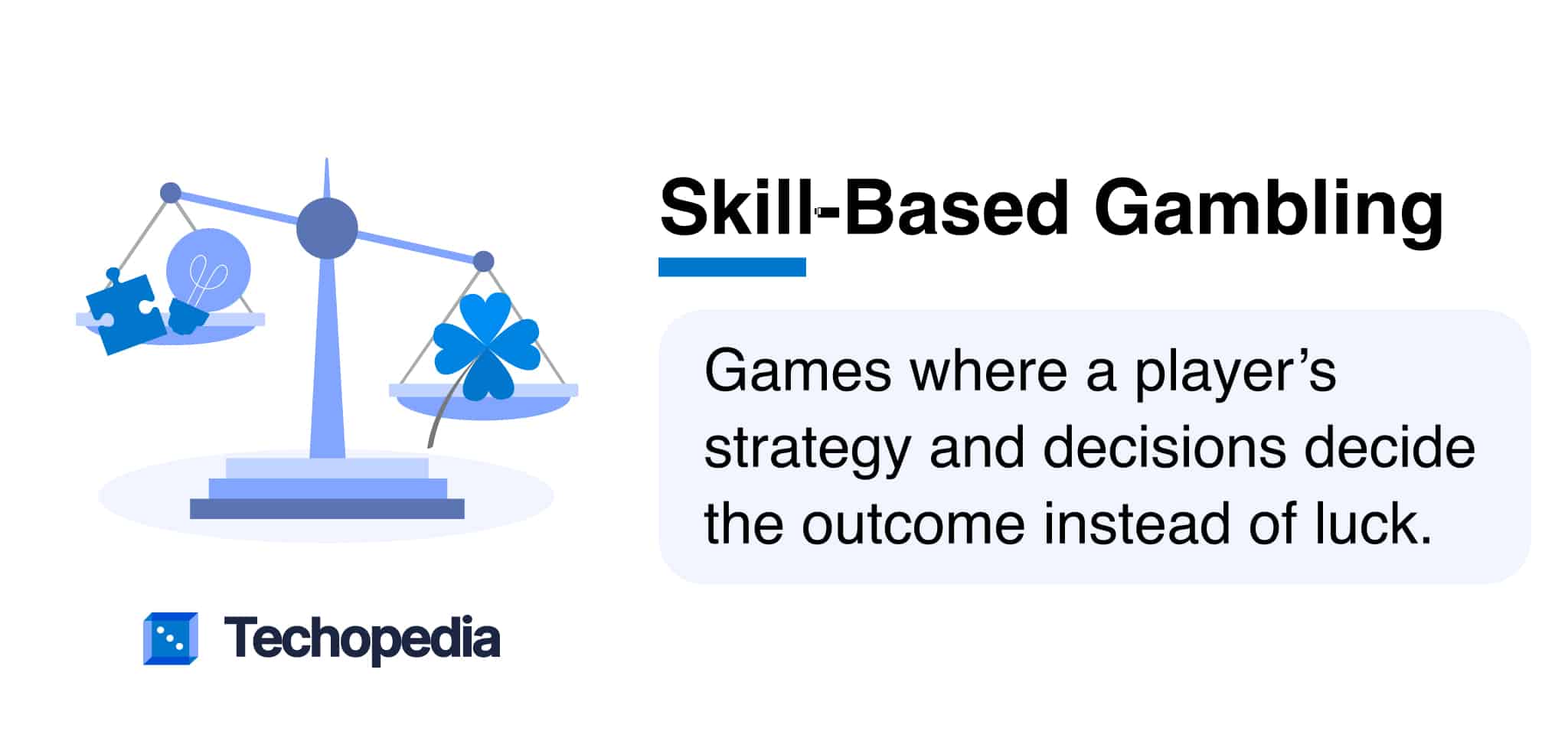 Illustration of a scale balancing a puzzle piece and a four-leaf clover, titled "Skill-Based Gambling," emphasizing strategy over luck.