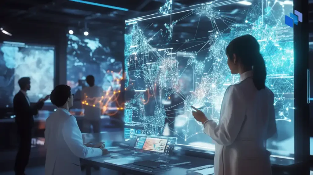 A team analyzes complex data on large, translucent screens in a high-tech research environment, emphasizing collaboration and innovation.