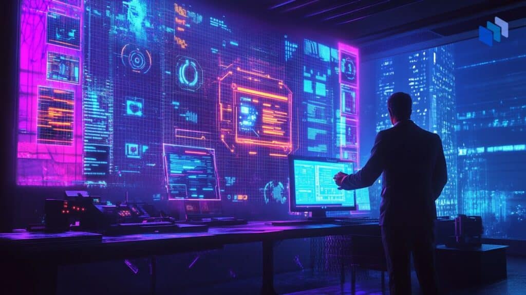 A figure in a suit stands before glowing, high-tech screens displaying futuristic data and graphs in a sleek, neon-lit room.