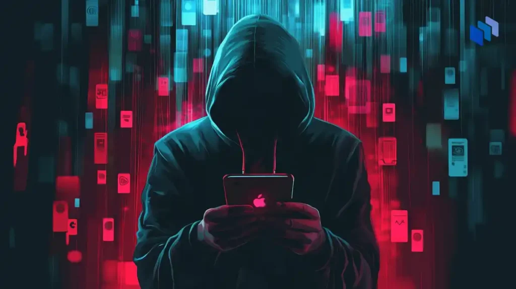 A hooded figure holds a phone amid a backdrop of glowing app icons in red and blue, suggesting a digital, mysterious atmosphere.