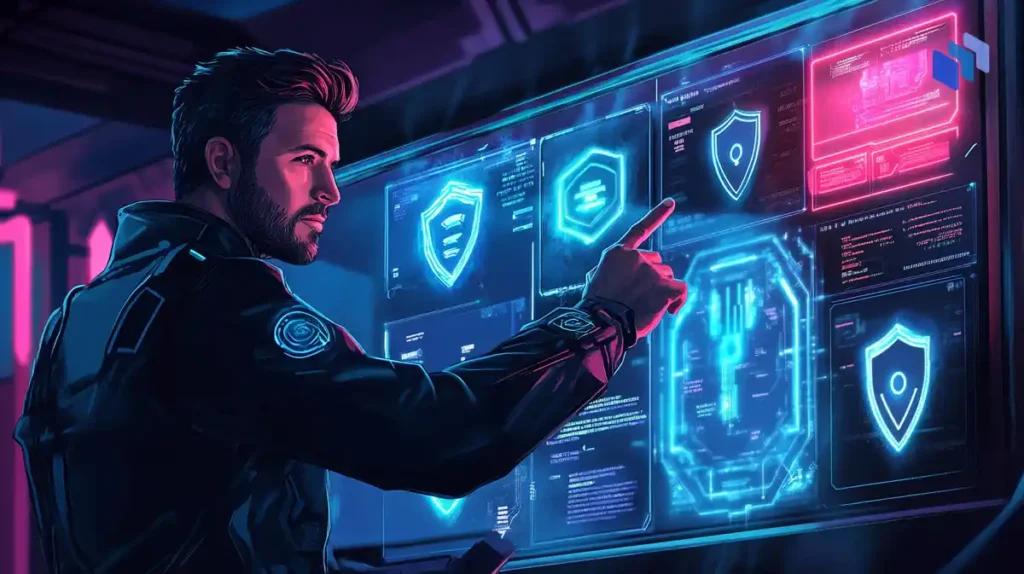 A person in a futuristic jacket interacts with a glowing digital interface displaying security icons and data.