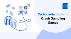 Illustration of a rocket launching from stacked casino chips, with flying coins, showcasing Techopedia's explanation of crash gambling games.