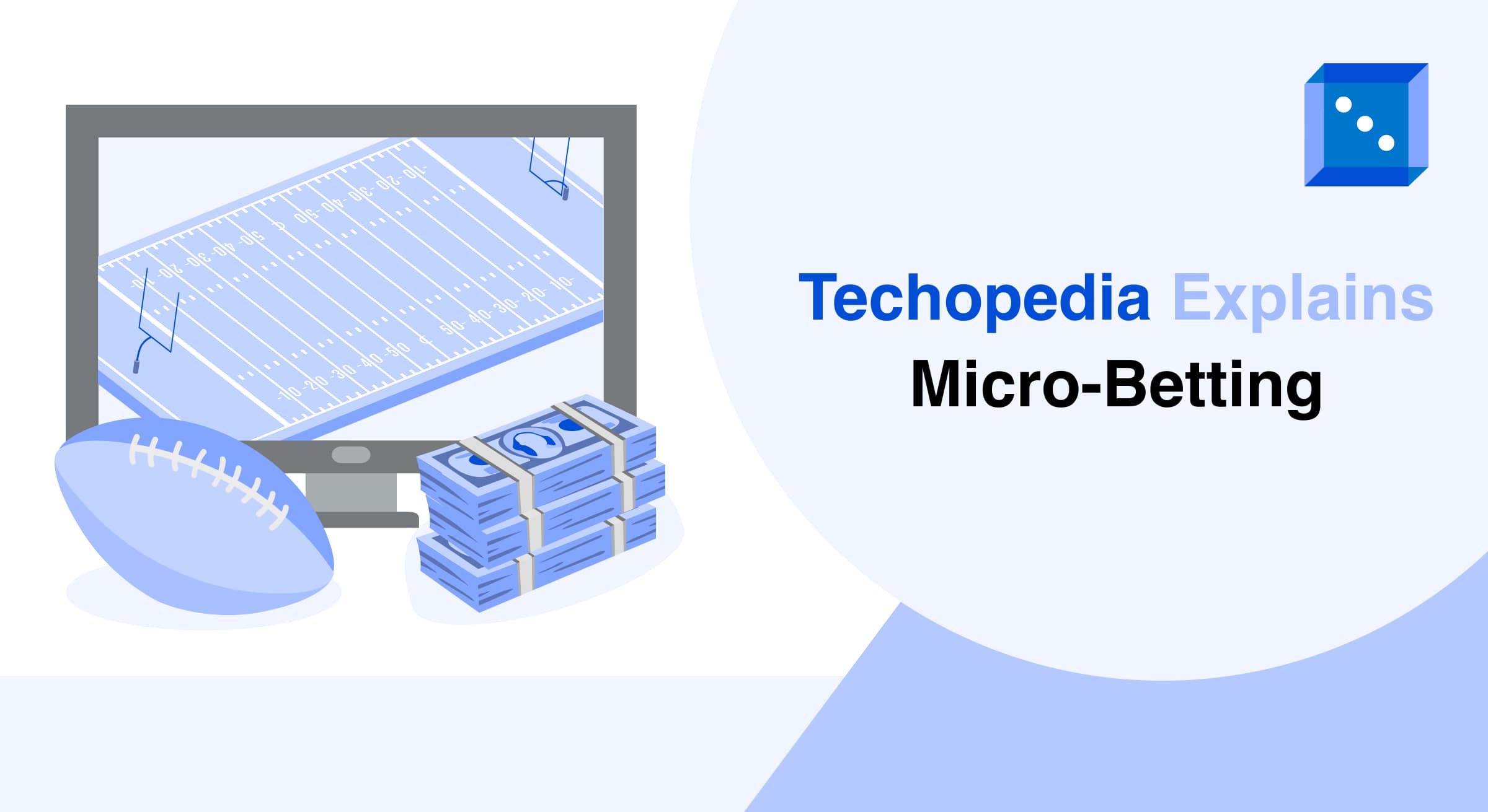 Illustration of a monitor displaying a football field and stacks of cash, titled "Techopedia Explains Micro-Betting."