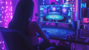 Women playing at the softest online poker sites with a computer