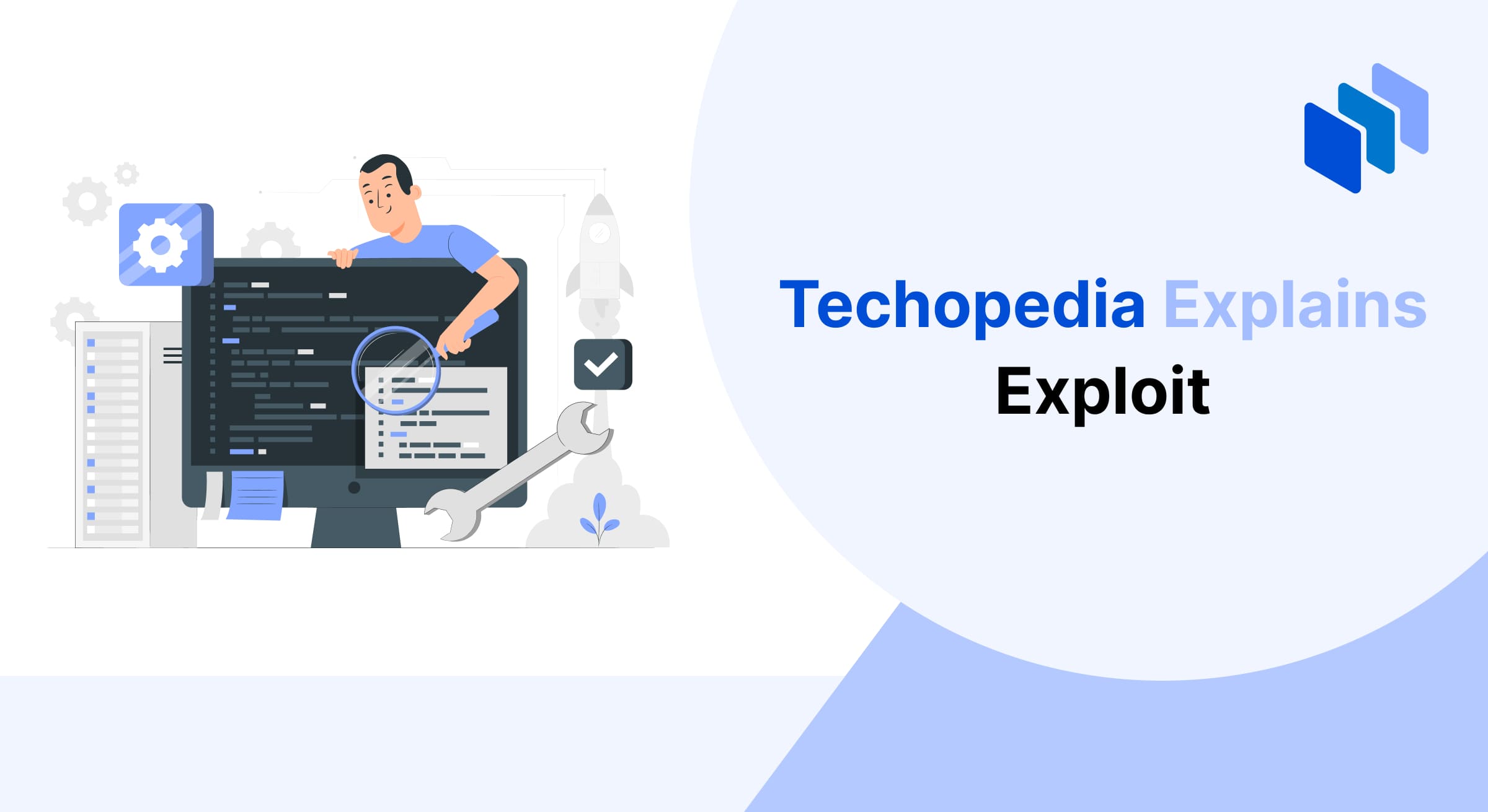 Illustration for "Techopedia Explains Exploit," featuring a person analyzing code on a computer screen with tools and gears in the background.
