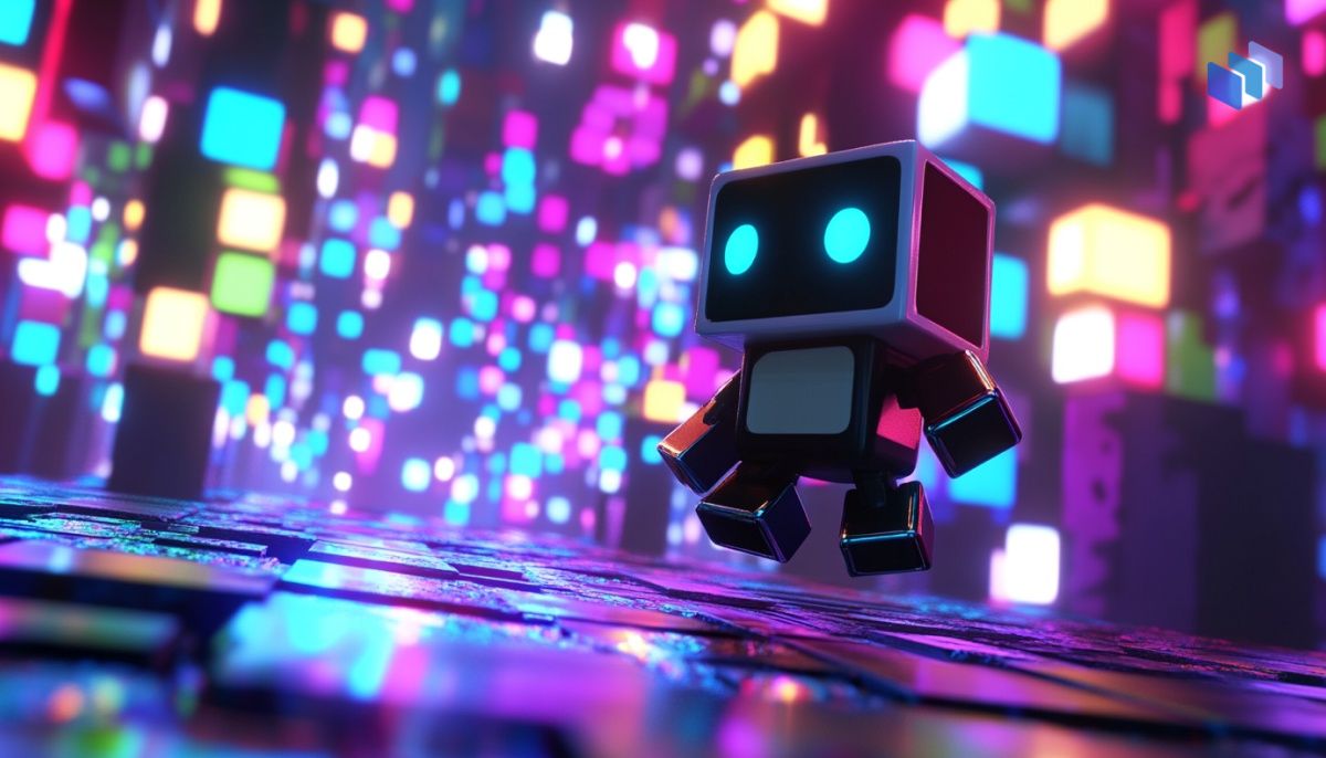A small, boxy robot with blue eyes leaps joyfully through a vibrant, neon-lit landscape filled with colorful squares.