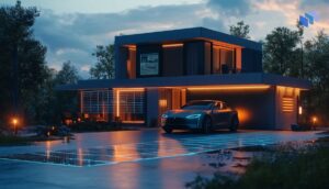 A sleek electric car parked outside a modern house with illuminated windows, showcasing a futuristic design in a serene setting.