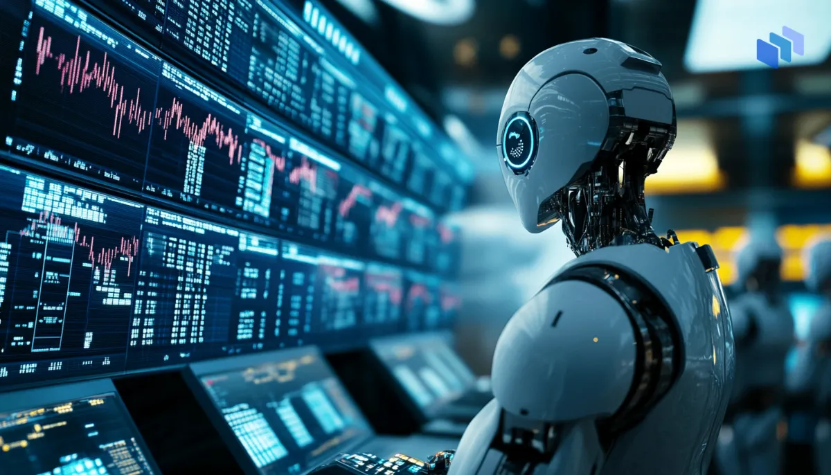 A humanoid robot analyzing multiple financial trading screens filled with data charts and market graphs in a high-tech trading room.