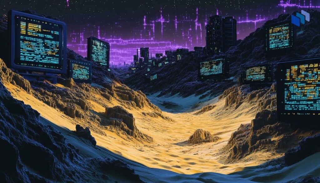 A surreal landscape featuring glowing computer screens amidst rocky terrain under a starry, purple sky, resembling a digital wasteland.