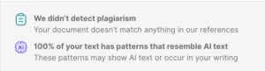 A digital report indicating no plagiarism detected and highlighting that all text shares patterns resembling AI-generated content.