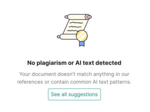An illustration of a scroll and a medal, with a message stating no plagiarism or AI text was detected in the document.