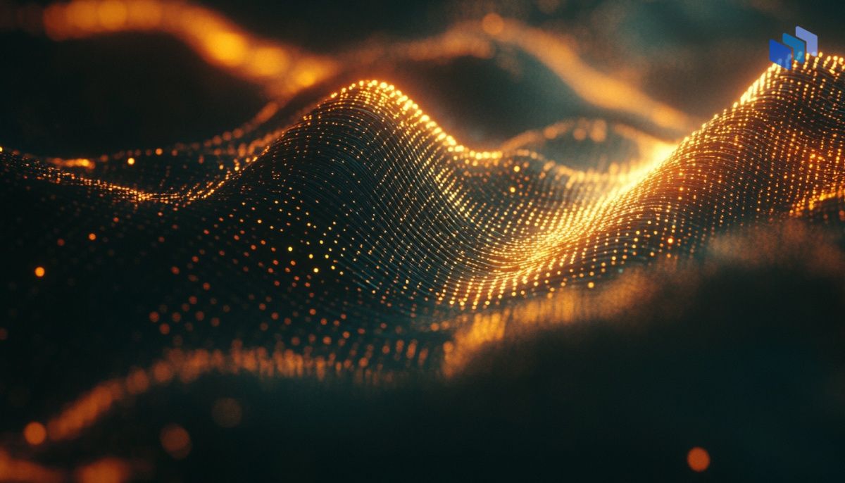 An abstract visualization of glowing, wave-like patterns made of intricate golden dots against a dark background.