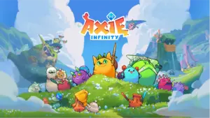 A colorful landscape featuring cute creatures from the game "Axie Infinity," with characters celebrating and exploring a whimsical environment.