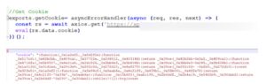 Code snippet in JavaScript for fetching and evaluating a cookie from an API, displaying obfuscated function details below.